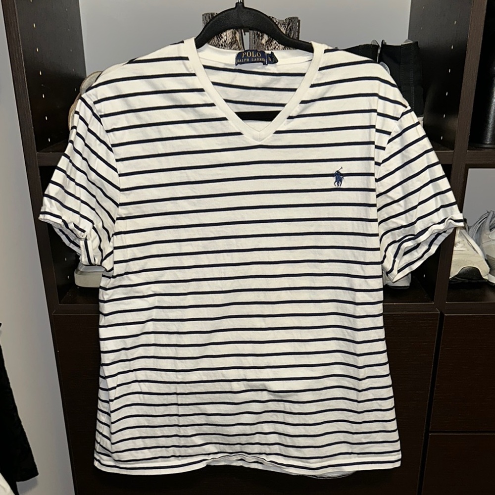 US Polo Assn. Men's Short Sleeve Blue Striped V-Neck